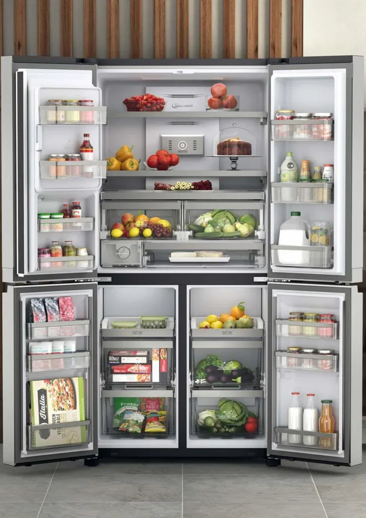 side by side refrigerator opened and full of food - XPRS