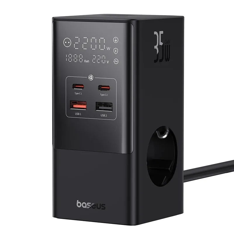<tc>مشترك كهرباء بيسوس باور كومبو تاور – 3 مقابس + 2 USB + 2 Type-C – شحن 35 واط – أسود
</tc>