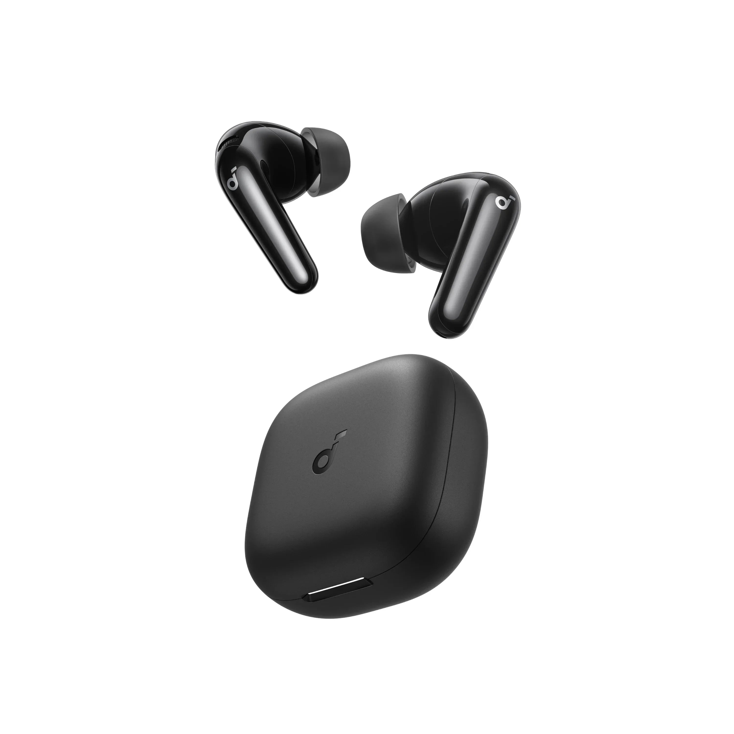 Black wireless earbuds with charging case, sleek design for mobile and gaming audio