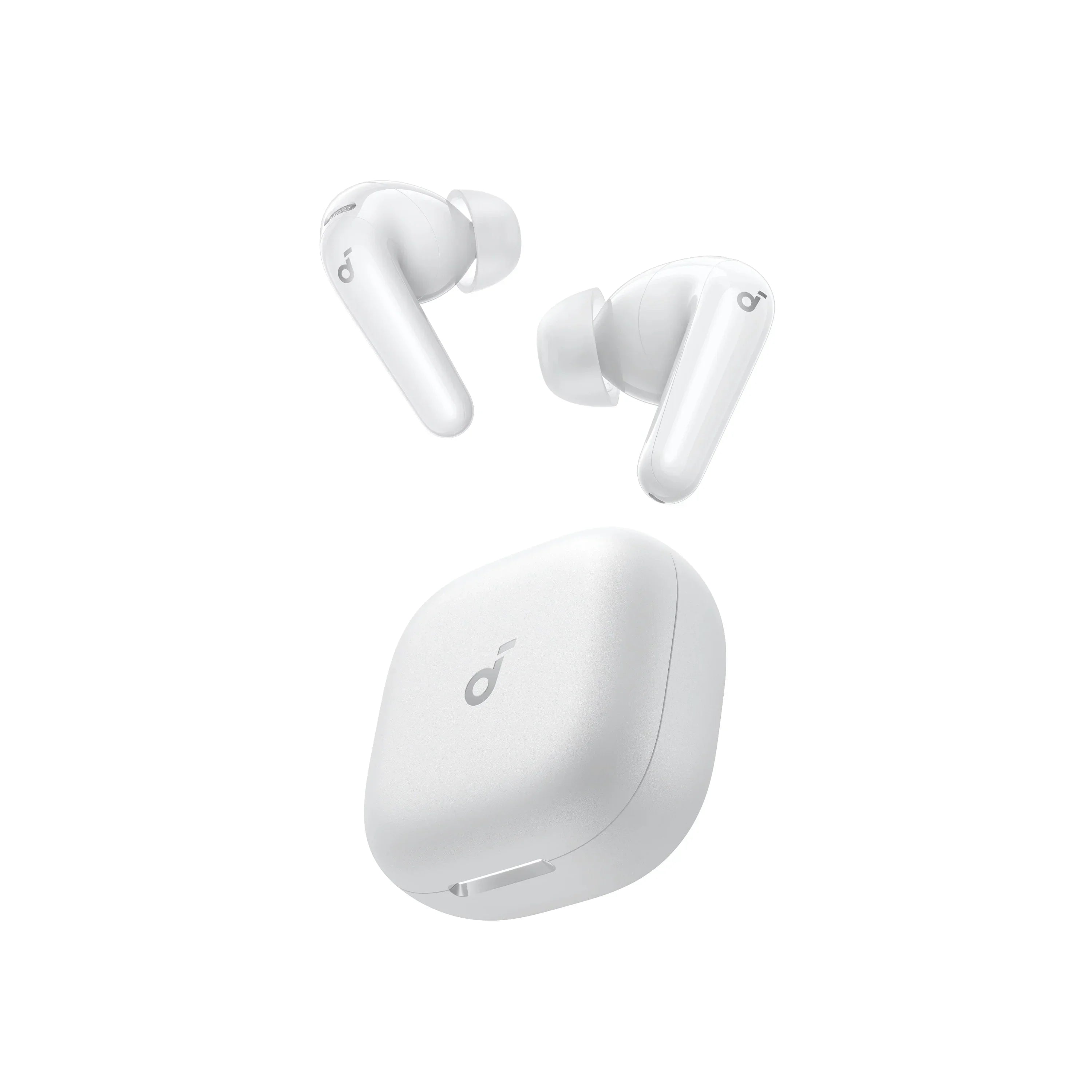 White wireless earbuds with charging case, sleek design for mobile and gaming audio
