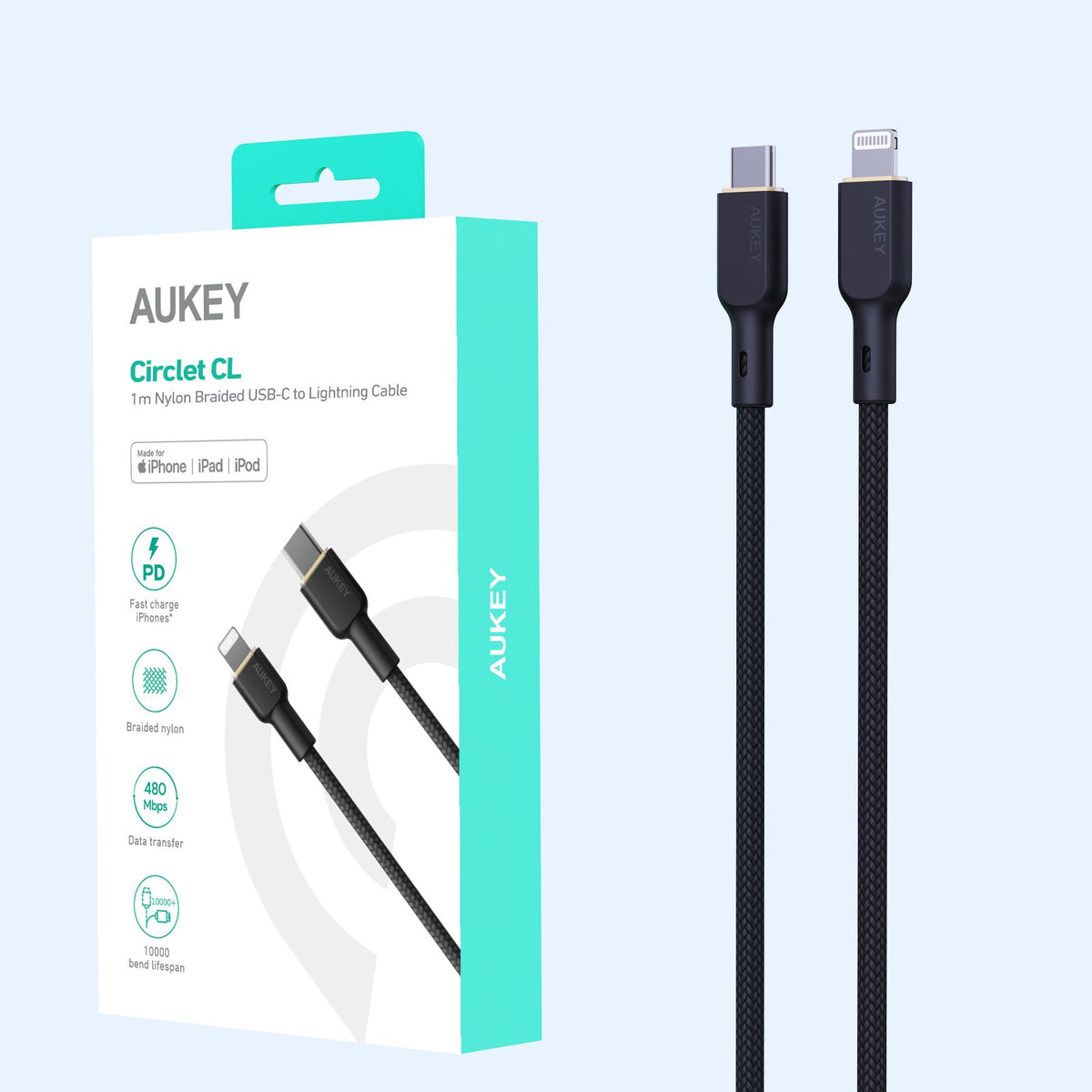 AUKEY Circlet CL USB-C to Lightning Cable, 1 Meter, Black - CB-NCL1-BK