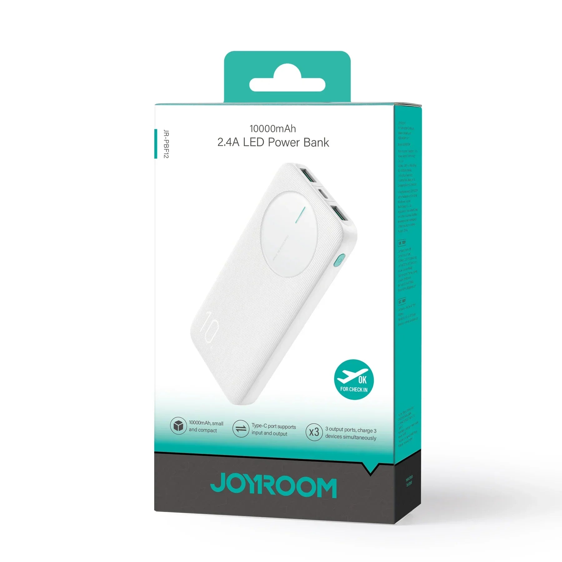 JOYROOM JR-PBF12 10000mAh 2.4A 2x USB-A 1x USB-C - White