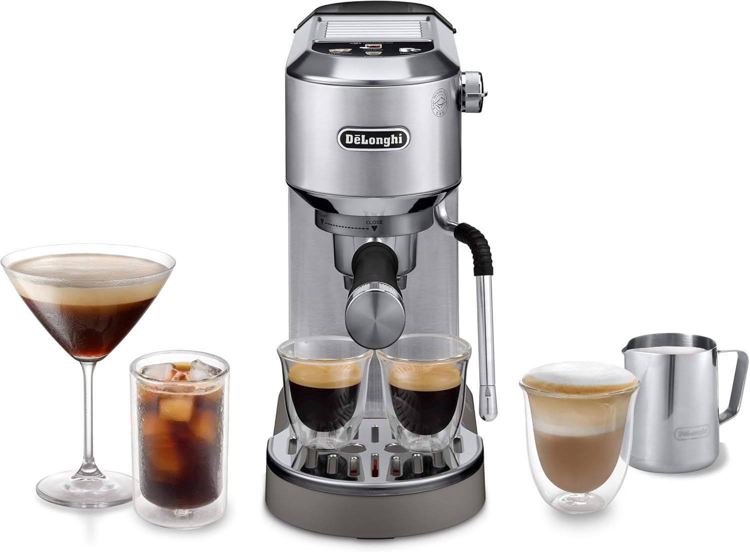 De'Longhi Dedica Duo EC890.M, Barista Coffee Machine with Pump, Espresso and Cold Brew, Manual Coffee Machine with LatteArt Steam Rod, 15 cm Wide, 2 Espresso, Touch Screen, Cup up to 13 cm, Metal