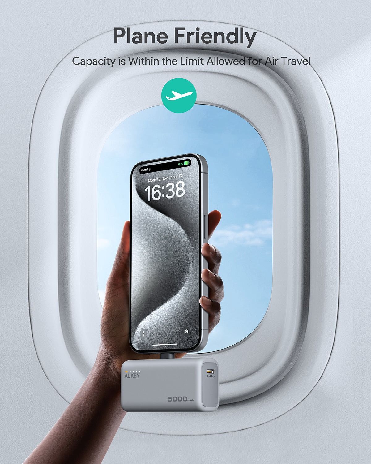 AUKEY Spark Mini Wired Power Bank, 5000 mAh, 1 Port, USB-C, White - PB-Y59-WH