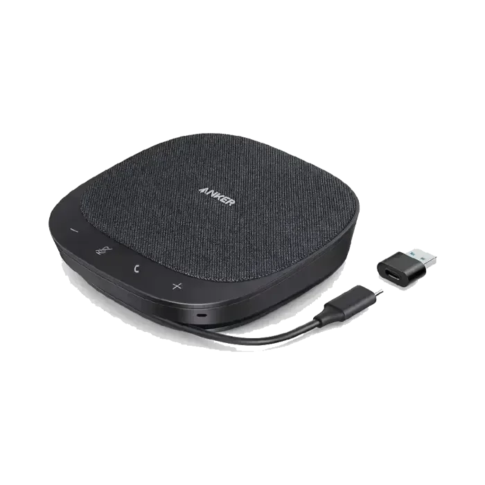 Anker portable Bluetooth speaker with USB-C cable and adapter, sleek black design for mobile audio