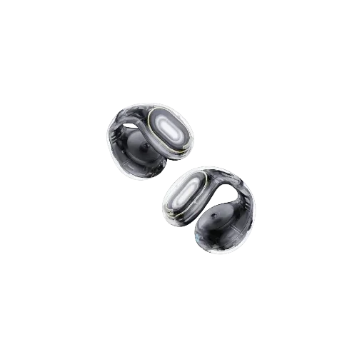 Wireless earbuds with sleek black design and gold accents, ideal for mobile and gaming audio
