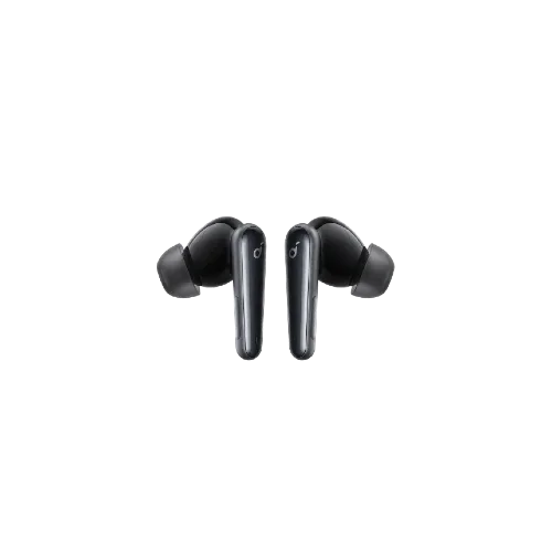 Black wireless earbuds with sleek design, ideal for mobile and gaming audio