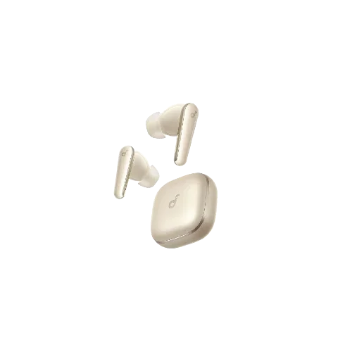 Cream wireless earbuds with charging case, sleek design for mobile and gaming audio