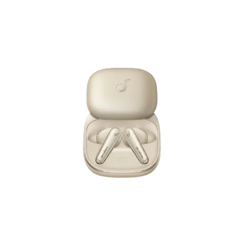 Anker Soundcore Liberty 5 gold wireless earbuds in charging case, sleek design for music and calls