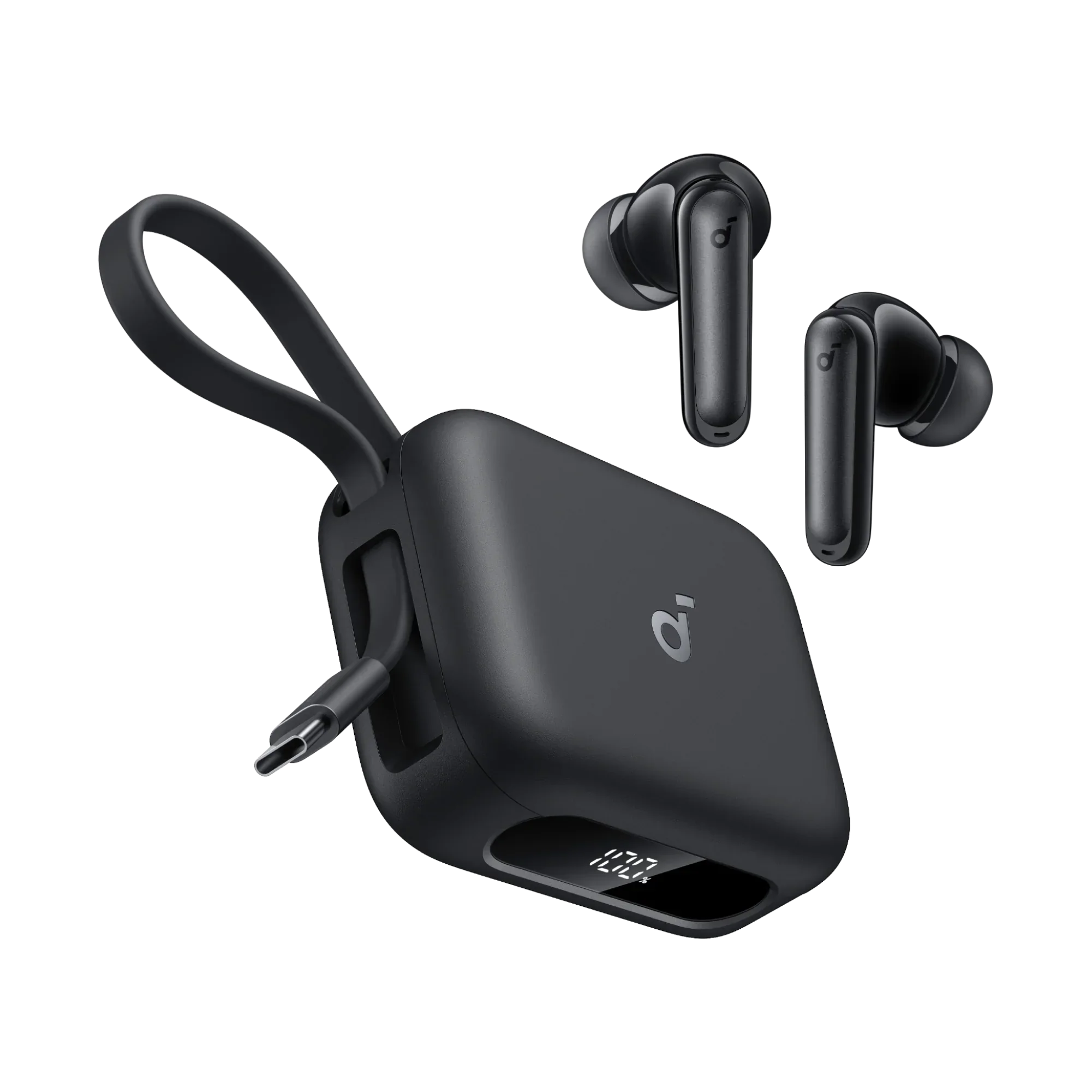 Anker Soundcore P41i black wireless earbuds with charging case, USB-C cable, and battery display for mobile and gaming use