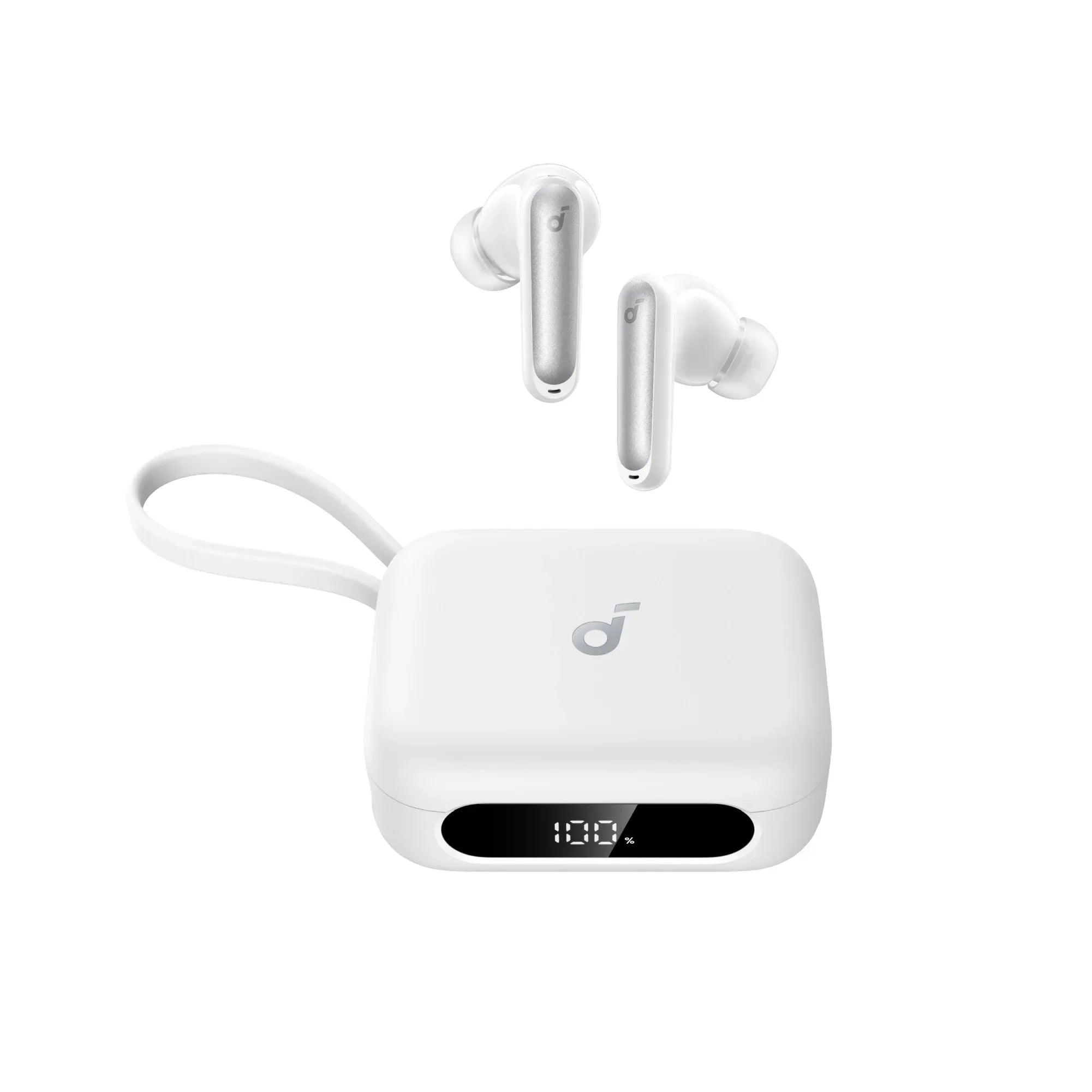 Anker Soundcore P41i white wireless earbuds with charging case displaying 100% battery, ideal for mobile and gaming audio needs