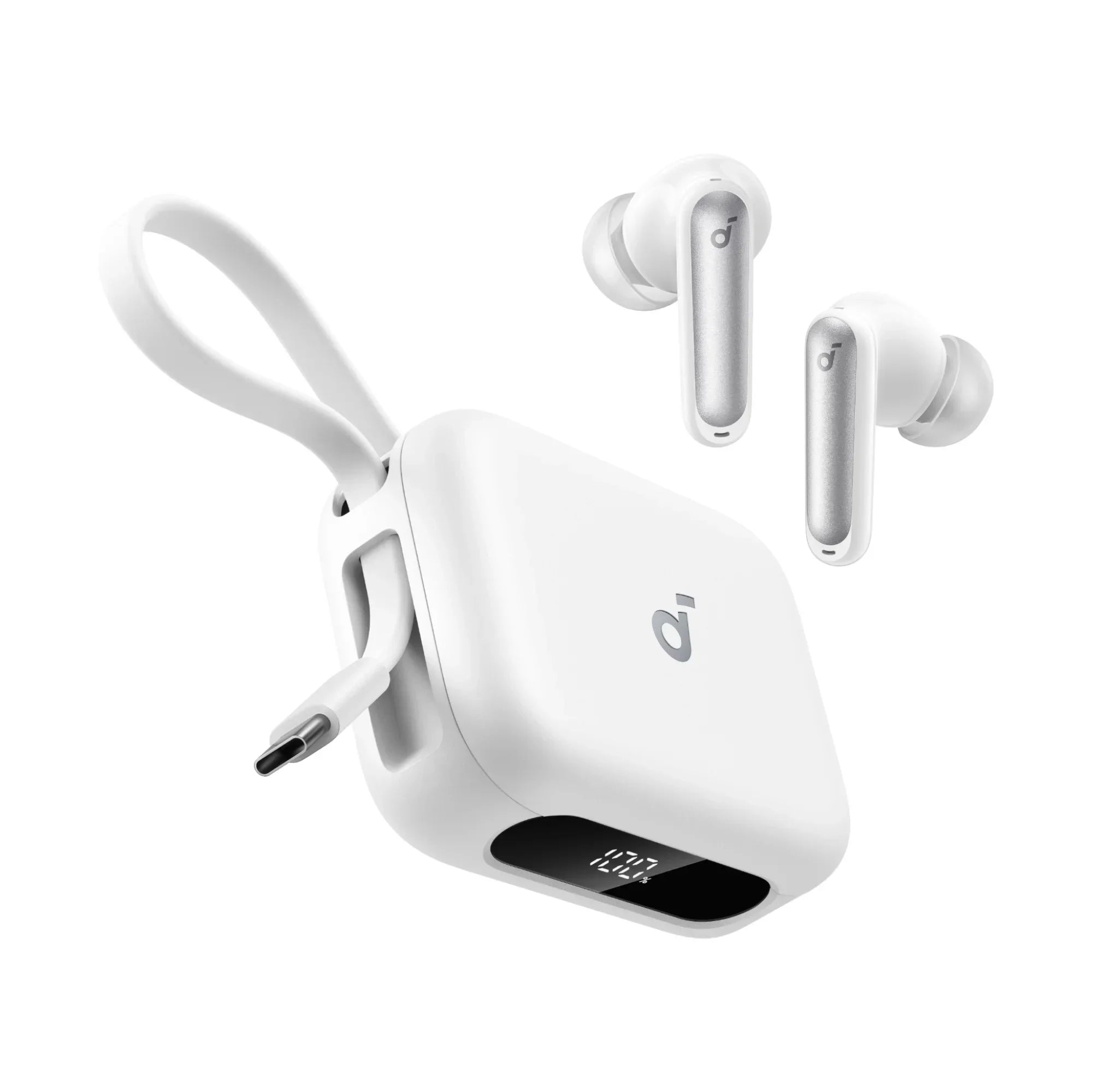 Anker Soundcore P41i white wireless earbuds with charging case and USB-C cable, digital battery display