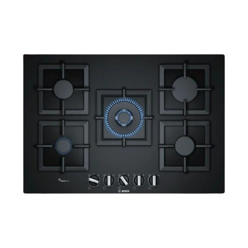 <tc>موقد غاز مسطح Bosch Series 6، 75 سم، 5 شعلات، سطح زجاجي أسود – موديل PPQ7A6B20</tc>
