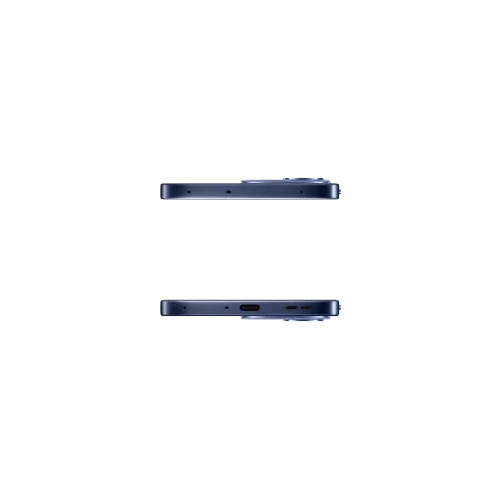 Side view of Oppo Reno 15F dark blue dual SIM smartphone showing camera bump, USB-C, and speaker ports