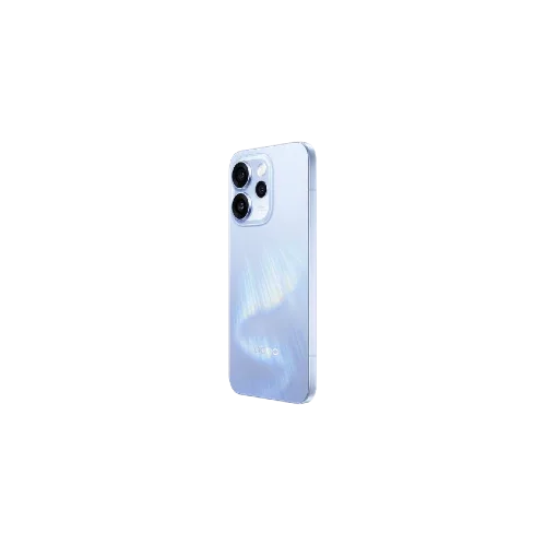 Oppo Reno 15F Blue smartphone with triple rear cameras and reflective back, angled on white background