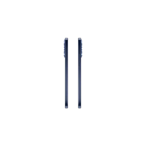 Side view of Oppo Reno 15F slim dark blue smartphone with dual SIM card slot and visible camera bump