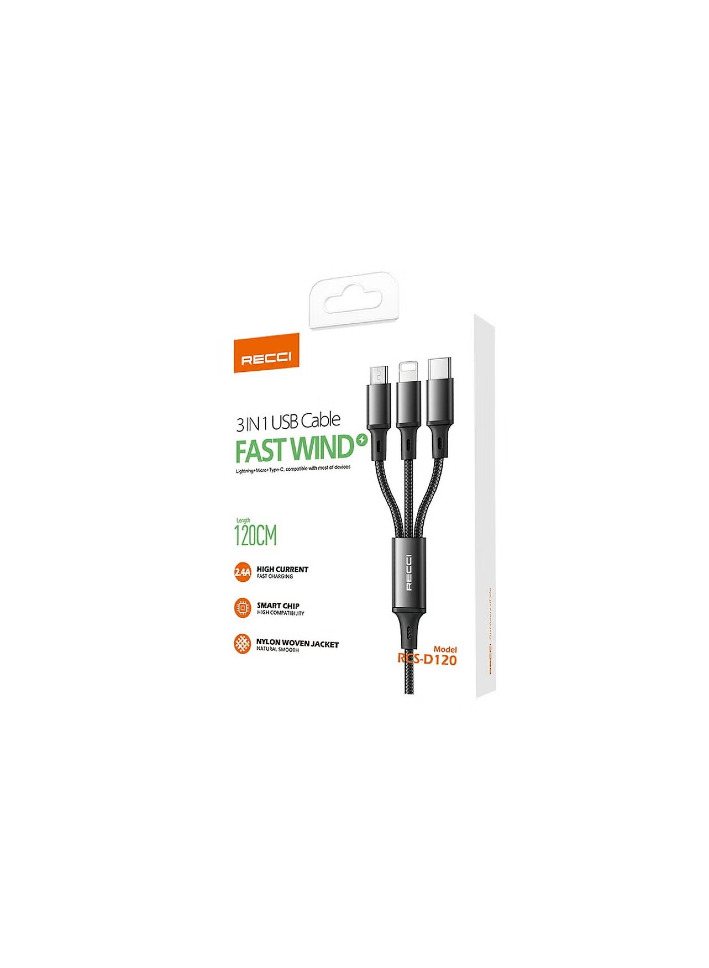 Recci RCS-D120 Fast Wind 3 in 1 USB Cable - 1.2M - Black xprs 2