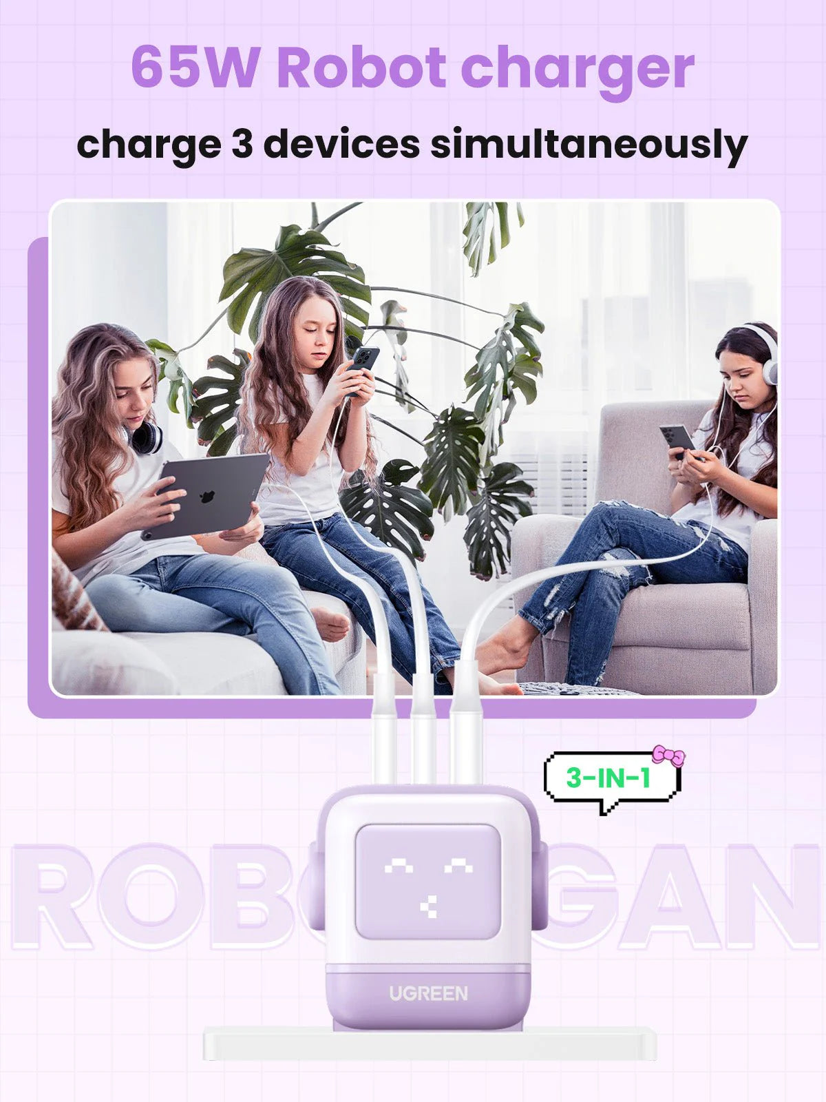 Ugreen Nexode RG 3-Port Gan Fast Charger 65w (CD361)- Rose xprs 3