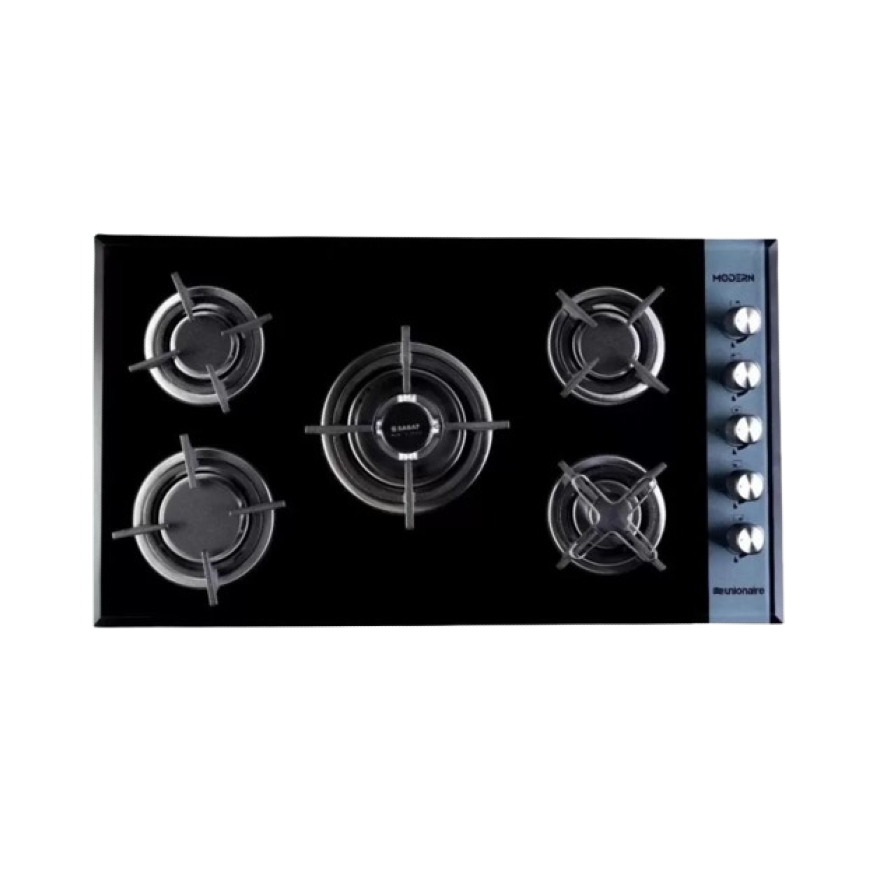 Unionaire Glass Built-In Gas Hob 90 cm, 5 Burners Cast Iron, Black BH59S-8-IS-MD xprs