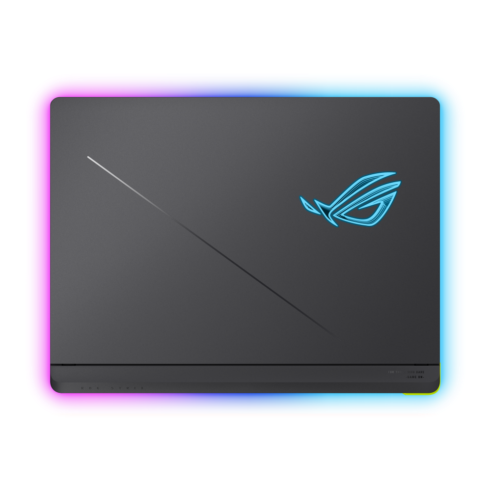 Back view of Asus ROG Strix G16 showcasing rear RGB light bar and cooling vents.