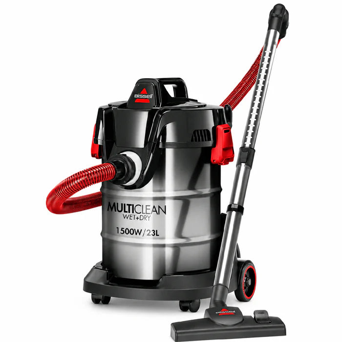 Front view of the 1500W Bissell 2026K MultiClean Wet and Dry Drum Vacuum Cleaner 23L in Black and Red at XPRS.