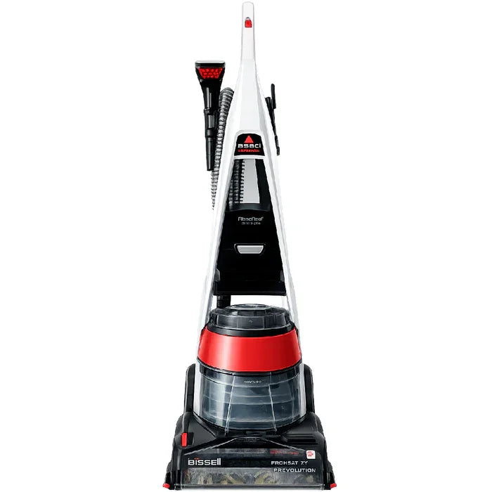 Side profile view of the Bissell Powerwash Premier Upright Carpet Washer model 1456E in White and Red at XPRS.
