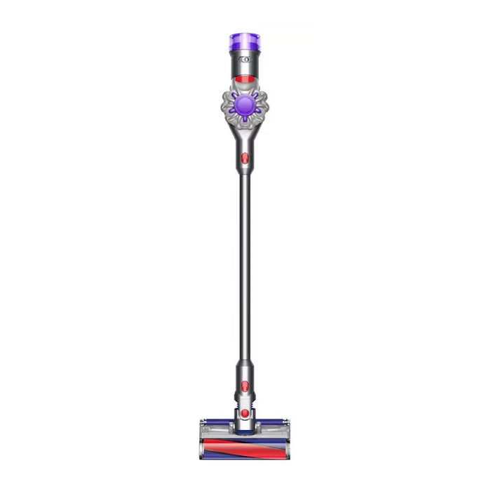 Studio shot of the gray Dyson V8 Advanced Cordless Stick Vacuum 425W mounted on its wall dock at XPRS Egypt.