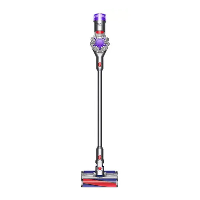 Studio shot of the gray Dyson V8 Advanced Cordless Stick Vacuum 425W mounted on its wall dock at XPRS Egypt.