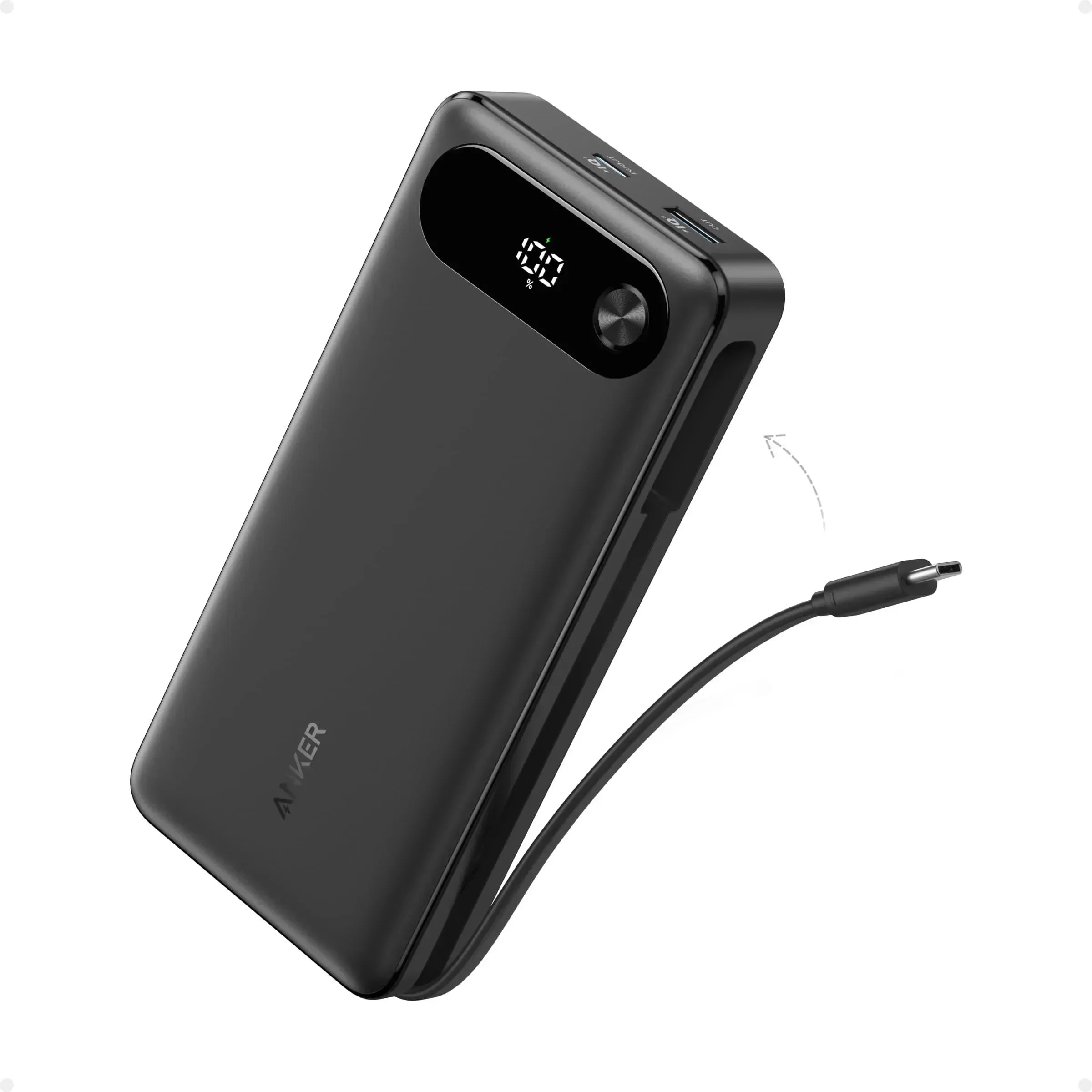 Anker portable power bank with digital charge display and USB-C cable for mobile devices