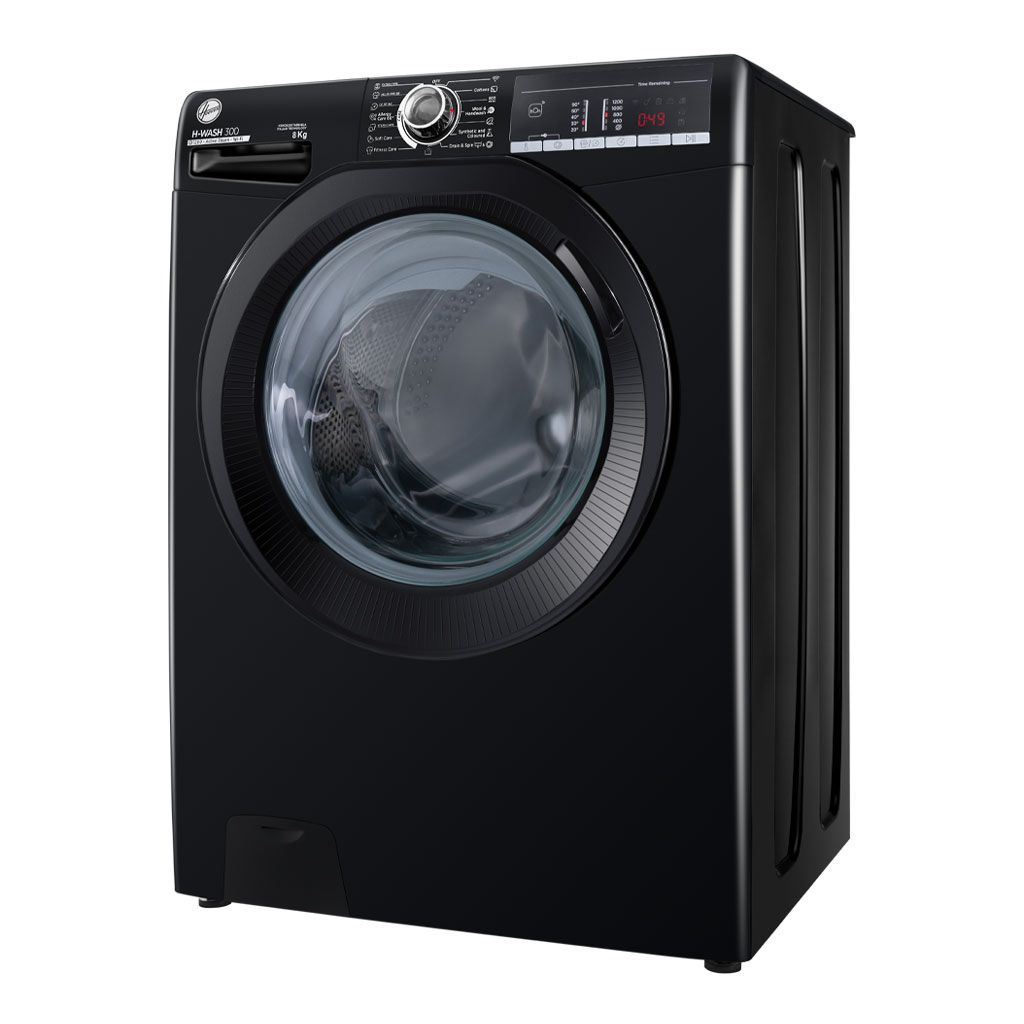 Angled perspective of the black HOOVER 8Kg Fully Automatic Washing Machine H3WOS283TABB4ELA available at XPRS.