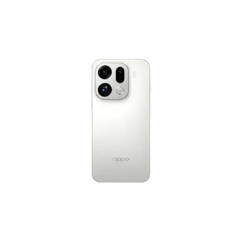White OPPO Find X9 Pro smartphone back view showing triple rear cameras and sleek design