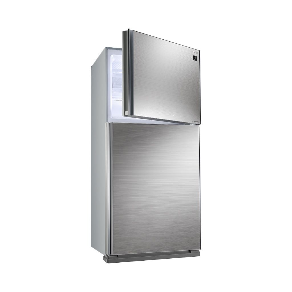 Close-up view of the door handles and silver finish on the Sharp 450L Refrigerator SJ-GV58G-SL available at XPRS.