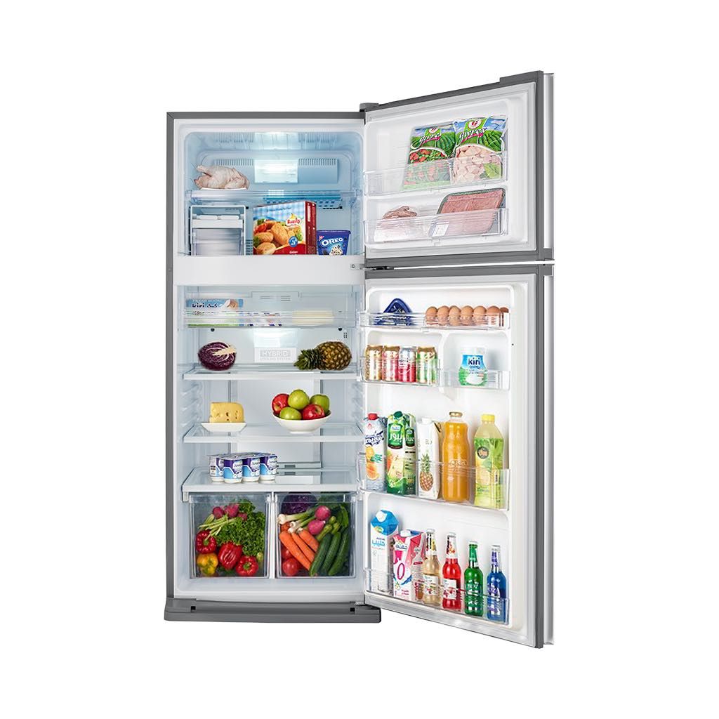 Open doors view revealing interior shelves of the Sharp 450L Silver Inverter Refrigerator SJ-GV58G-SL from XPRS Egypt.