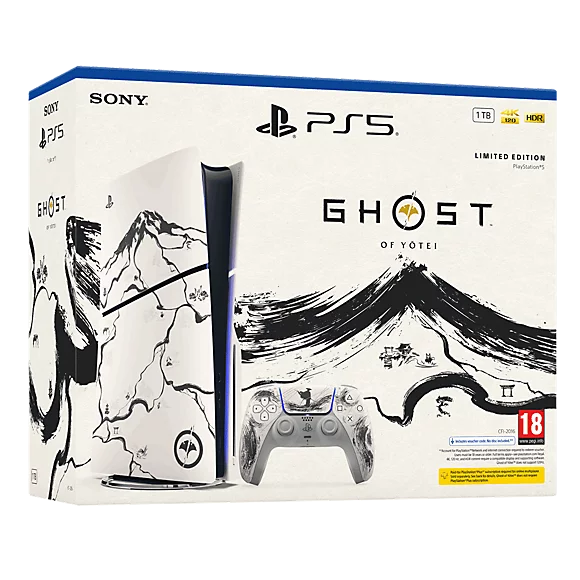 Packaging box of the Sony Playstation 5 Slim Standard Ghost of Yotei Black Limited Edition with 2 Years Warranty from XPRS.