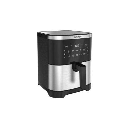 Angled perspective of the Tornado 1800W 8L Glass Panel Air Fryer Stainless Black TFE-A1808TS1A available at XPRS.