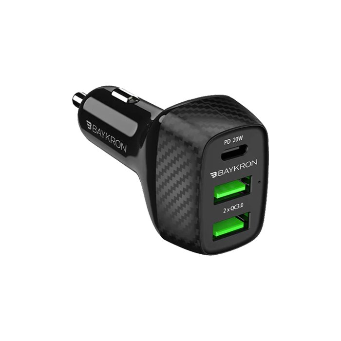 Baykron Smart Car Charger 2 Qualcomm Quick Charge QC3.0 Ports and USB Type-C 20W - Black - XPRS