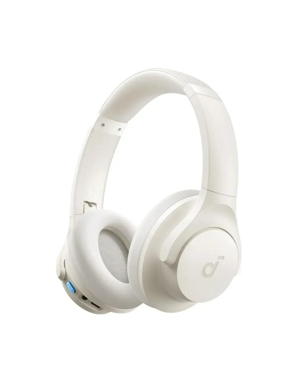 White over-ear wireless headphones with sleek design and blue accent button, ideal for gaming and music