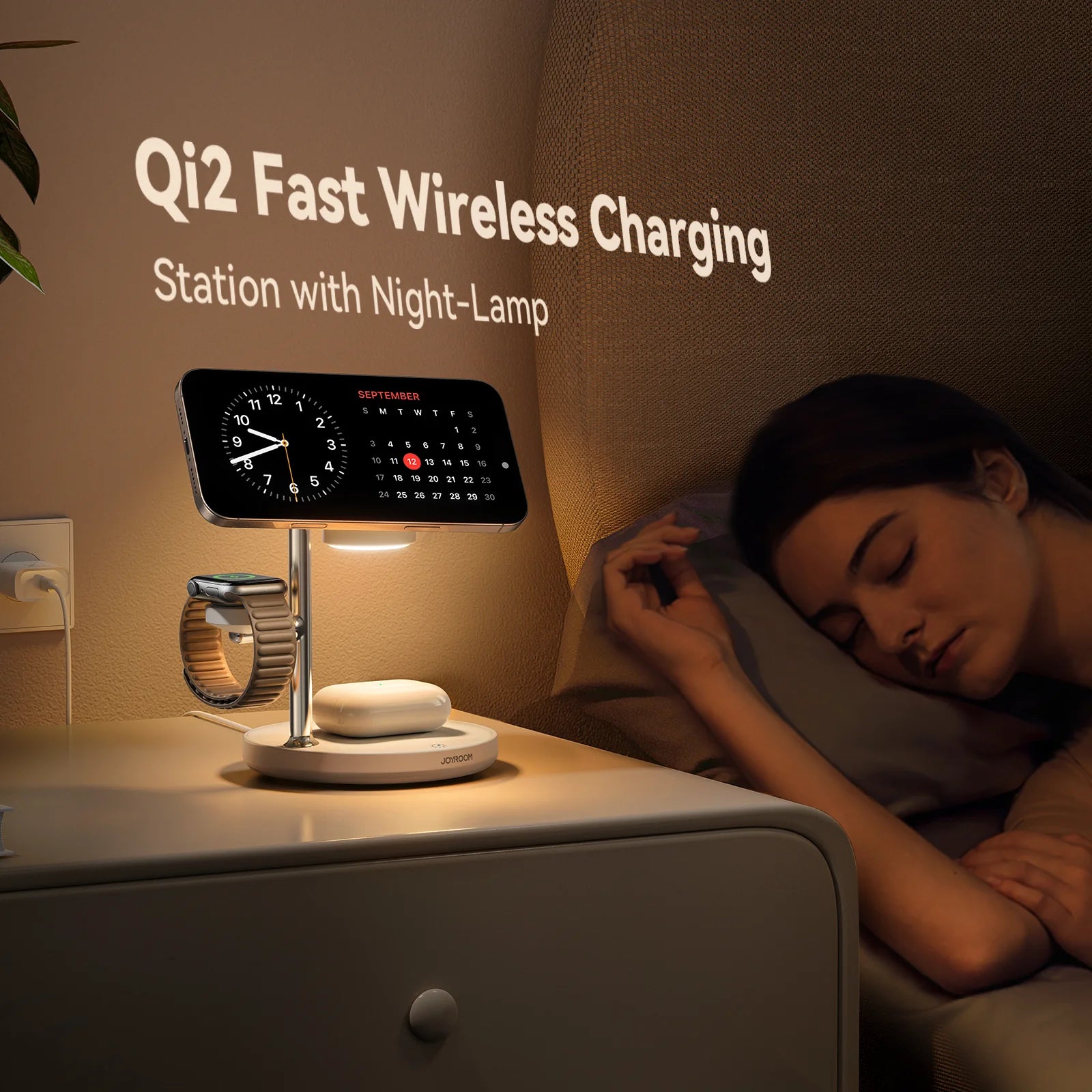 JOYROOM JR-W23 Qi2 4-in-1 desktop charger with built-in inductive night light - White