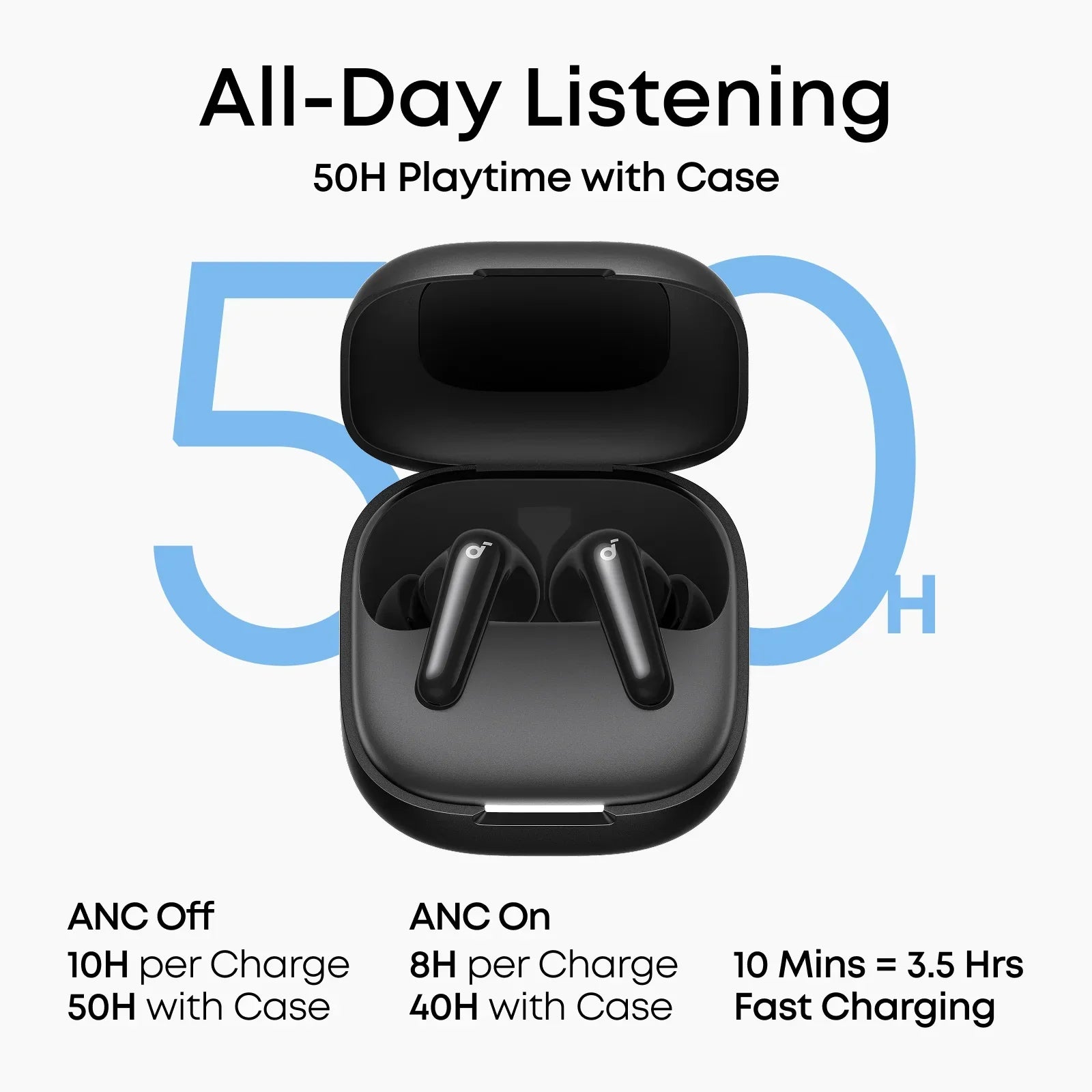 Black wireless earbuds with charging case, 50H playtime, ANC off/on, fast charging for all-day listening