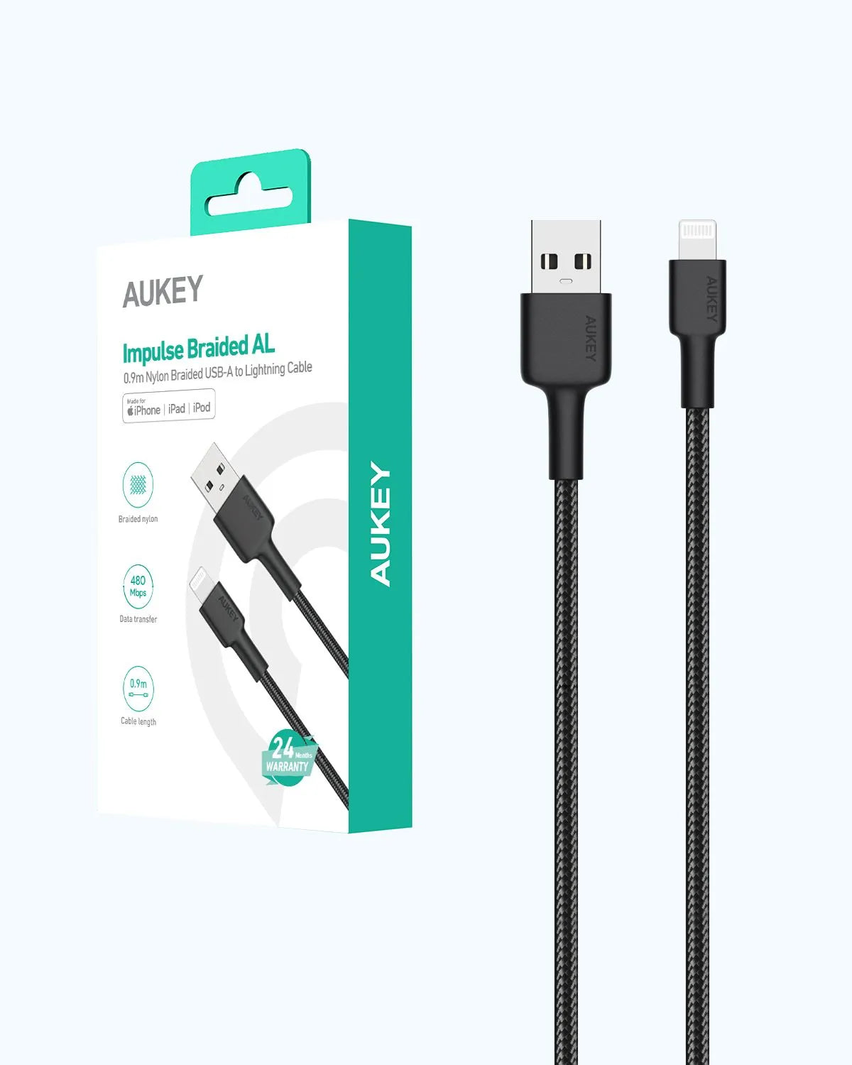 AUKEY USB-A to Lightning Cable, 0.9 Meter, Black - CB-BAL7-BK