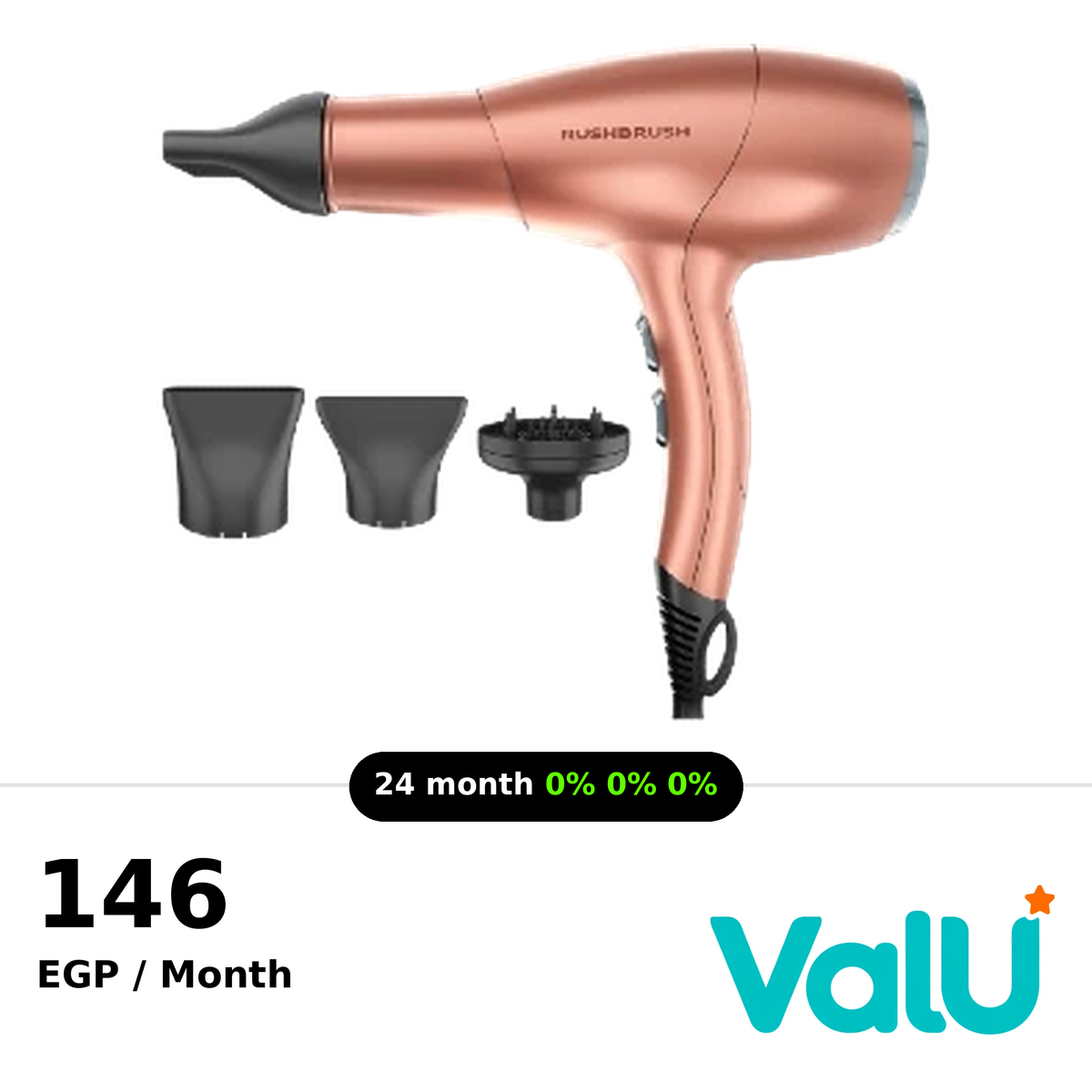 Rush Brush D3 Ultra Hair Dryer, 2400W, 3 Heat & 2 Speed - Rose Gold