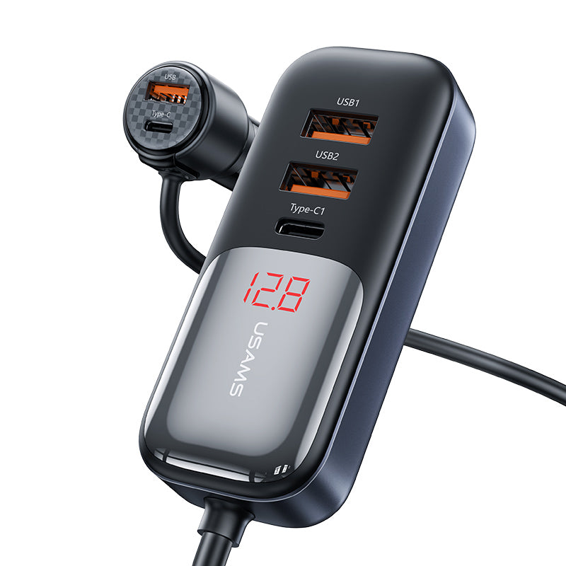 USAMS C40 165W 2C+3U PPS 5 Ports Digital Display Fast Car Charger With Data Cable - Black