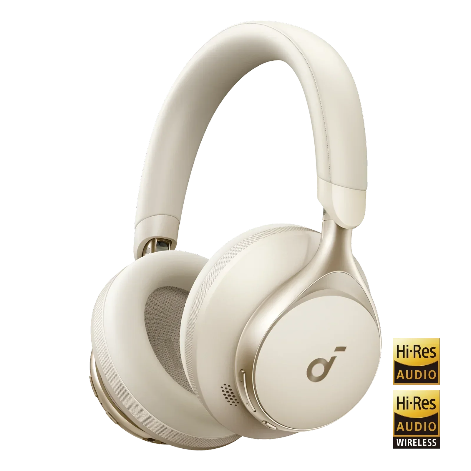 Cream over-ear wireless headphones with Hi-Res Audio certification, ideal for gaming and music