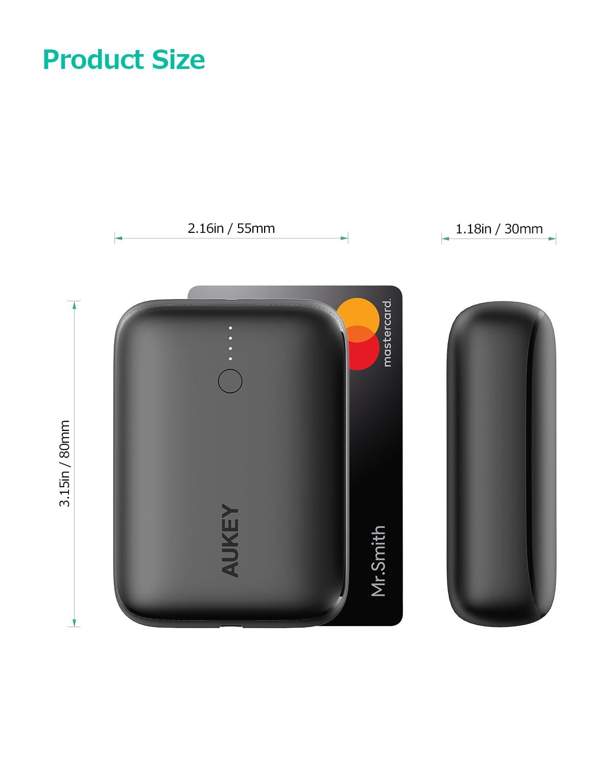 AUKEY Mini Wired Power Bank, 10000 mAh, 1 Port, USB-C, Black - PB-N83S-BK