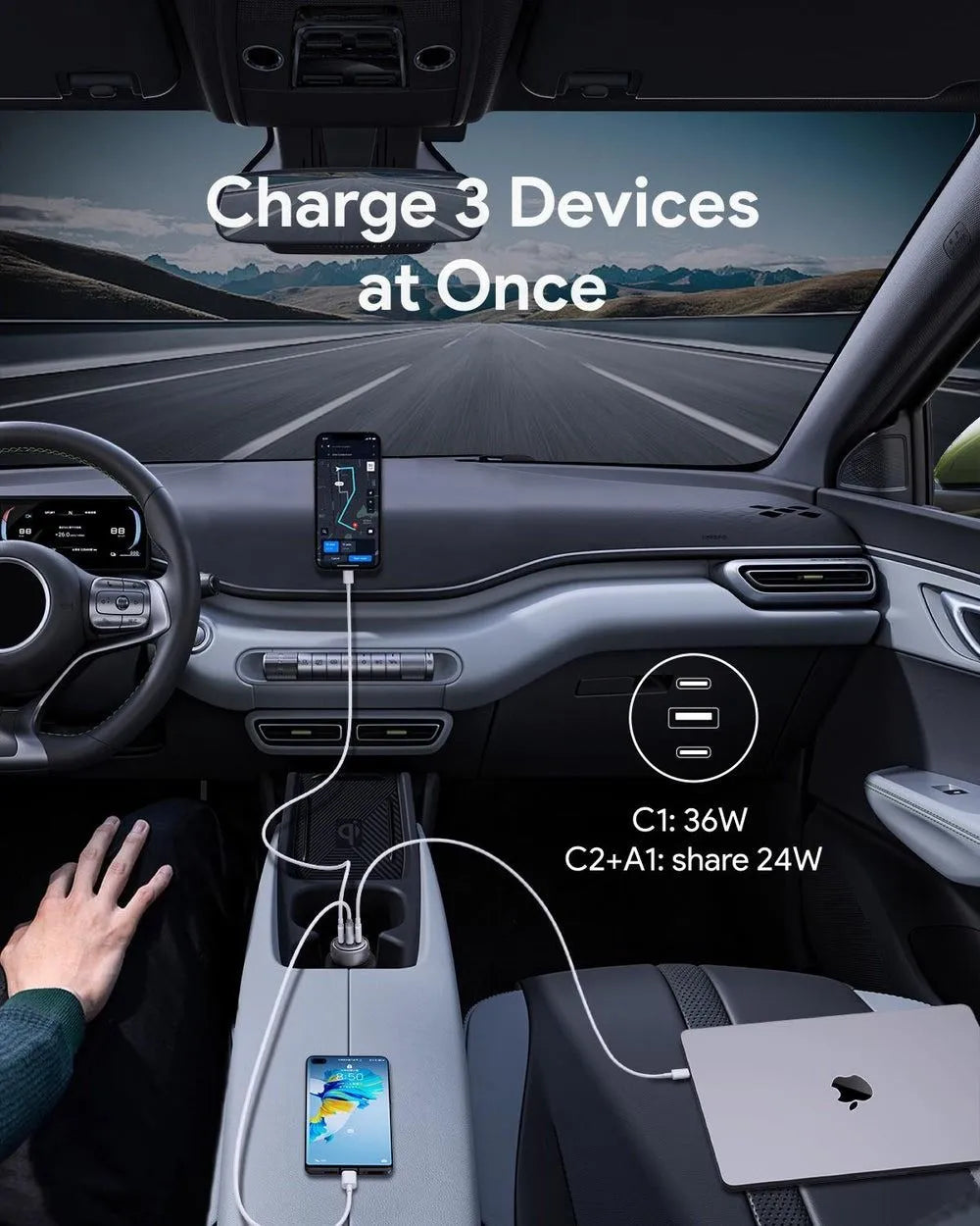 AUKEY Pathfinder Mix 3 USB-A + USB-C Car Charger, 3 Ports, 66 Watt, Grey - CC-P1-GY