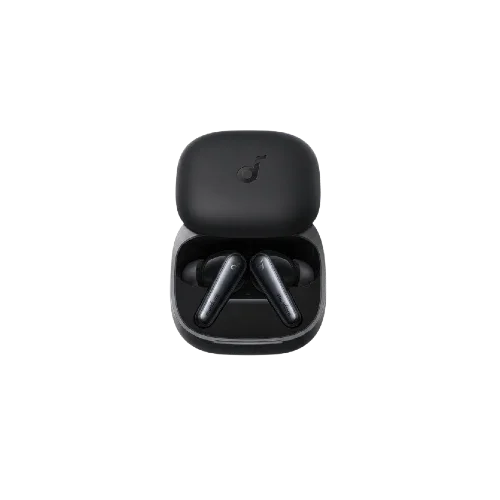 Anker Soundcore Liberty 5 black wireless earbuds in open charging case, sleek design for mobile and gaming audio