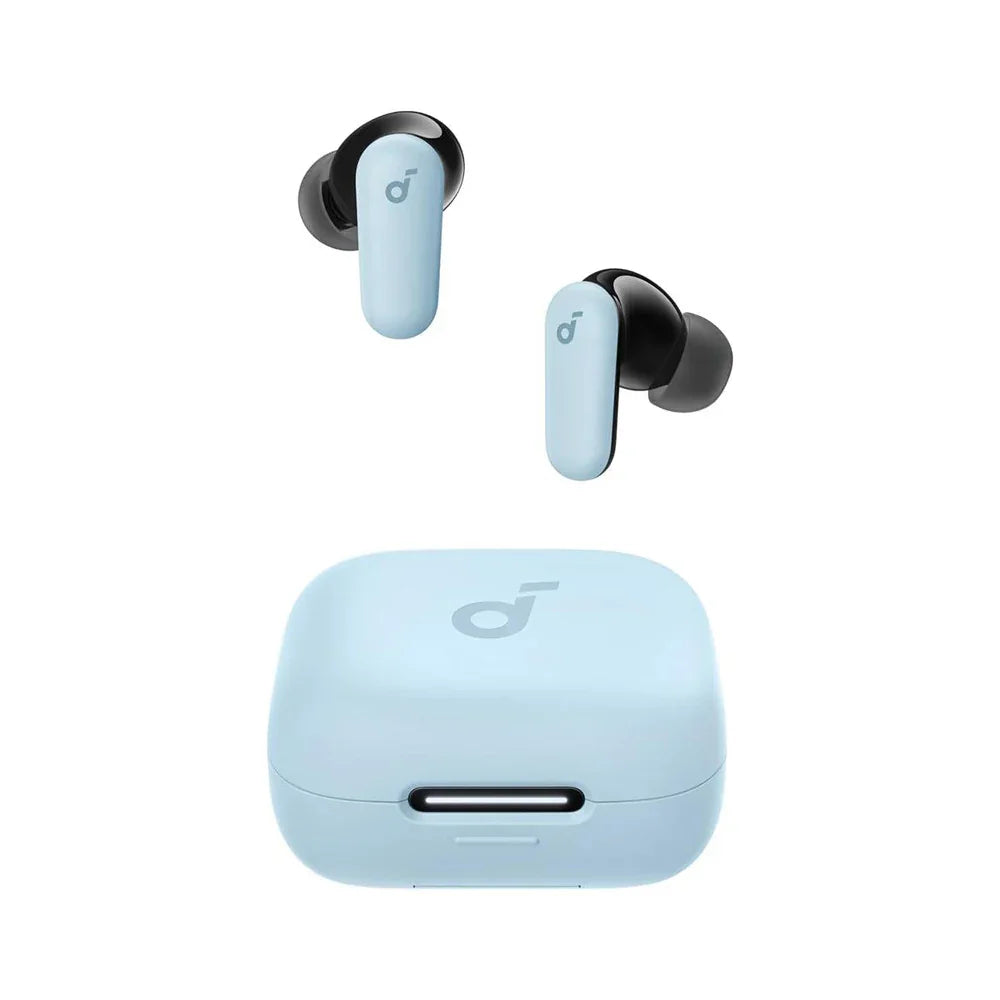 Anker Soundcore P30i Light blue wireless earbuds with charging case, sleek design for music and calls