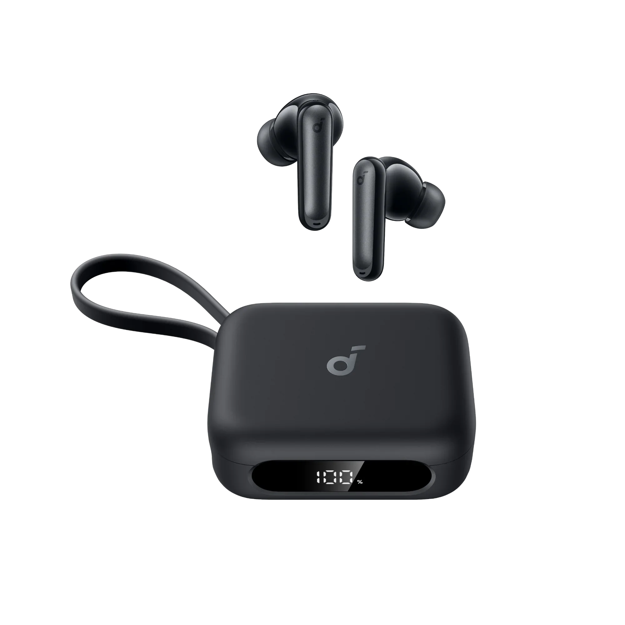 Anker Soundcore P41i black wireless earbuds with charging case displaying 100% battery, ideal for mobile and gaming audio