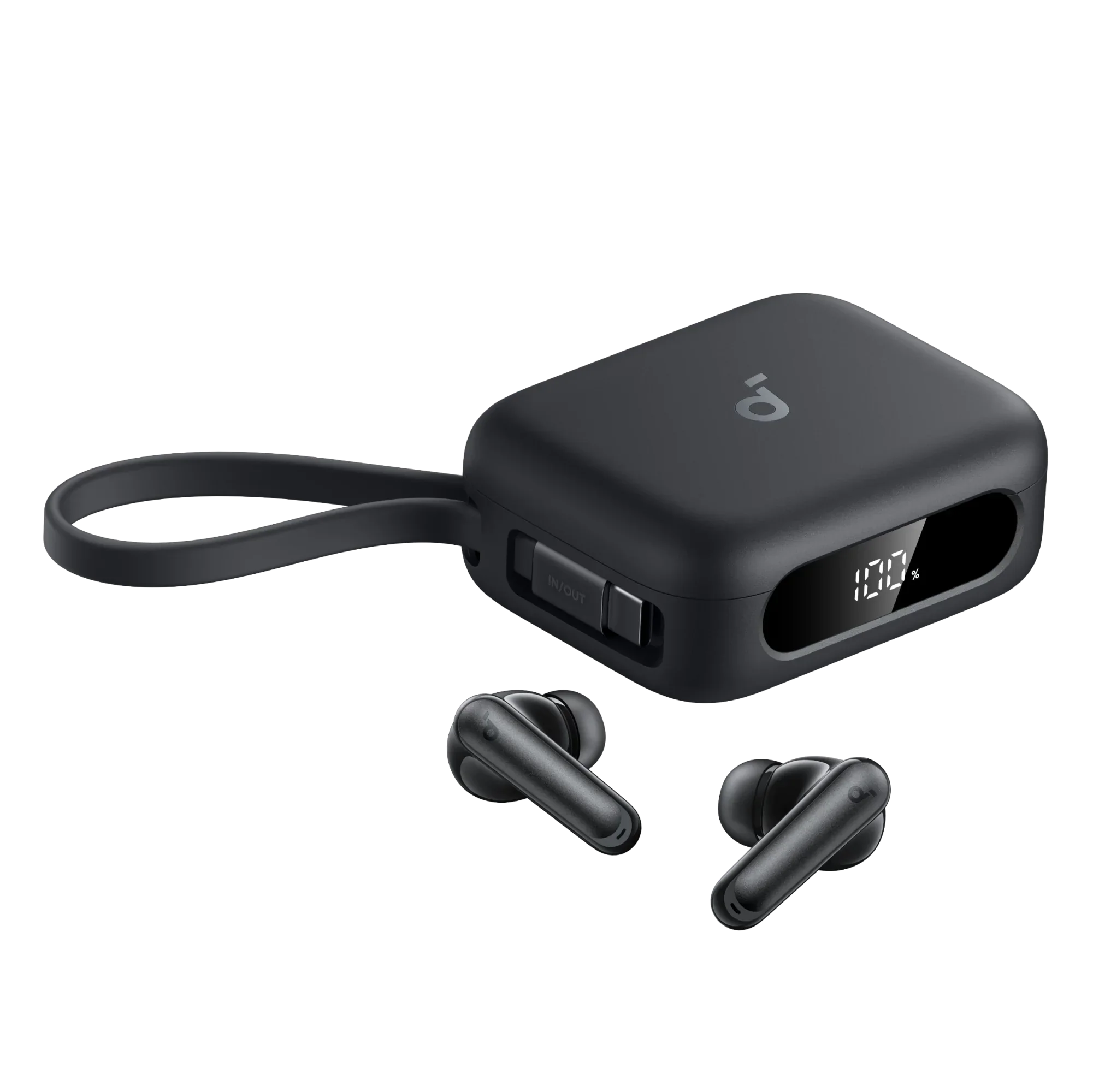 Anker Soundcore P41i black wireless earbuds with charging case displaying 100% battery, portable design for mobile and gaming use