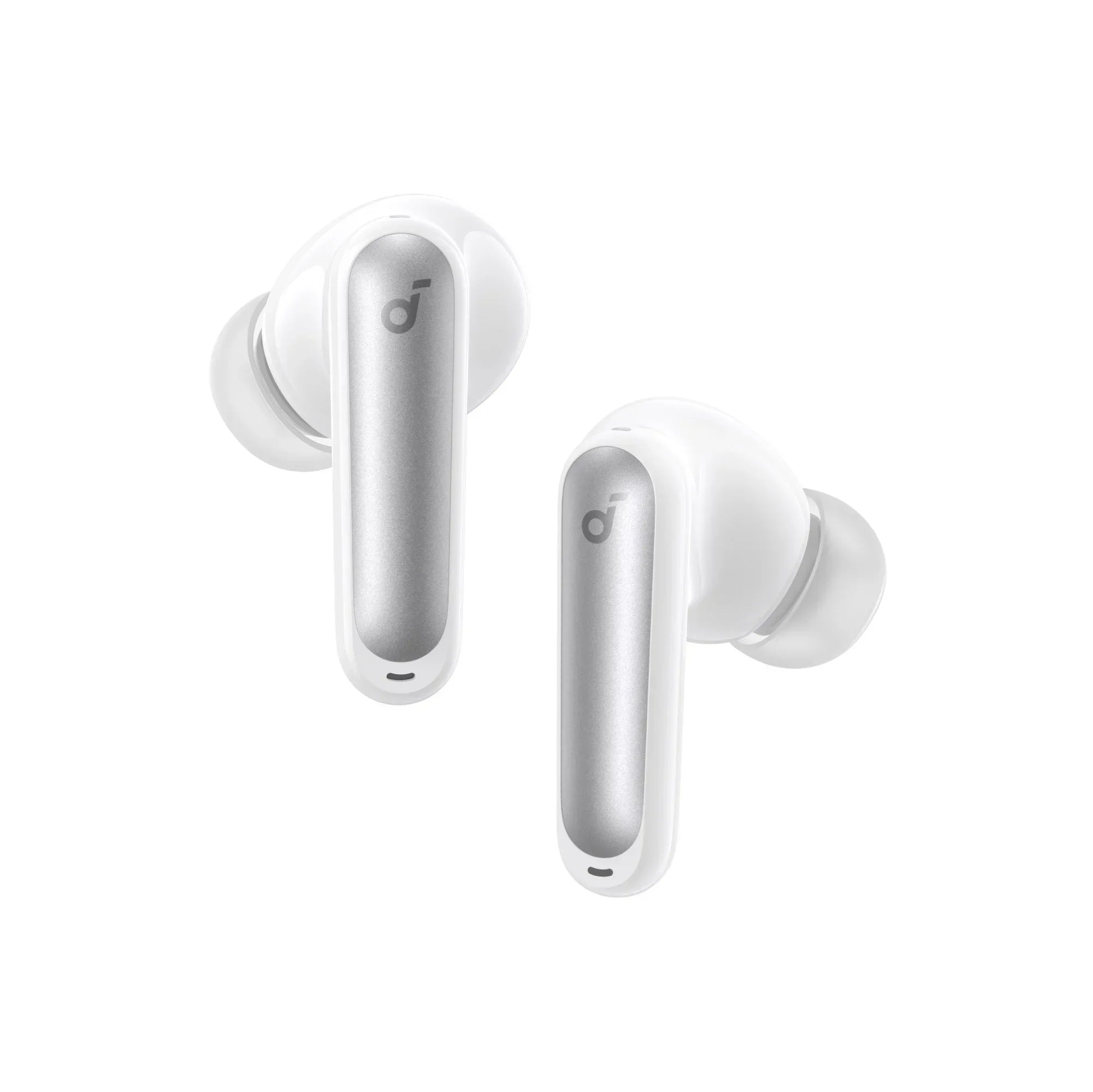 Anker Soundcore P41i white wireless earbuds with silver accent and logo, ideal for mobile and gaming audio